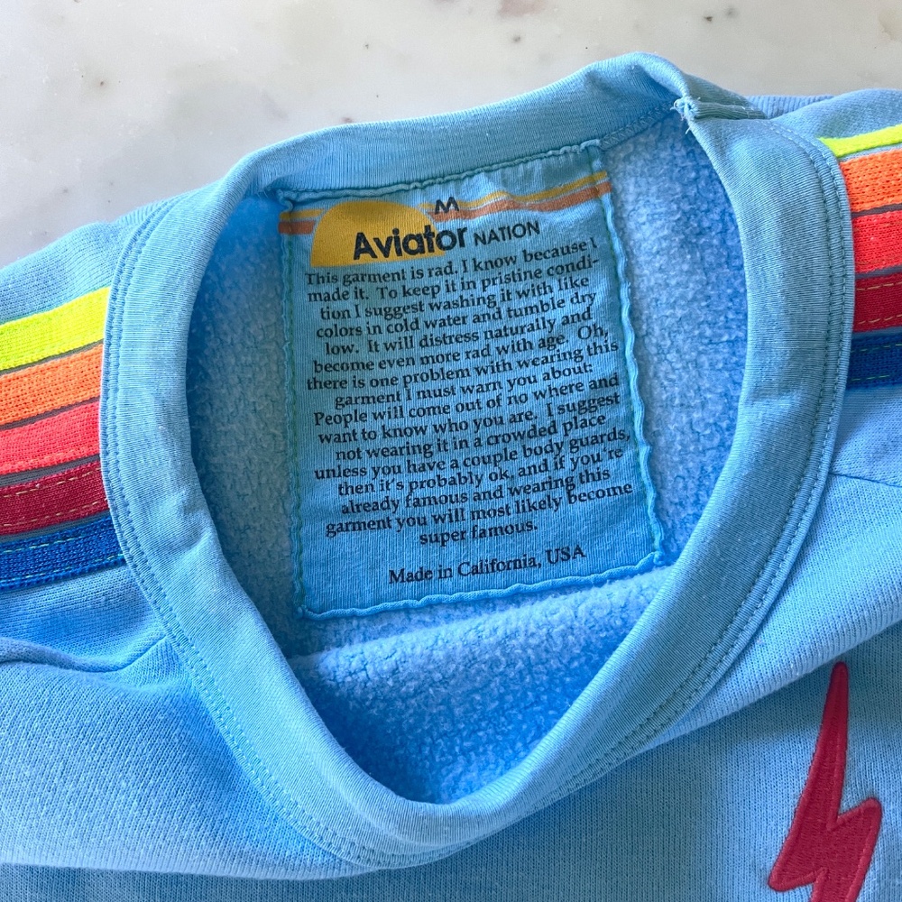 Aviator Nation Lightning Bolt Neon Rainbow Stripe Crop Sweatshirt in Blue - Picture 6 of 14